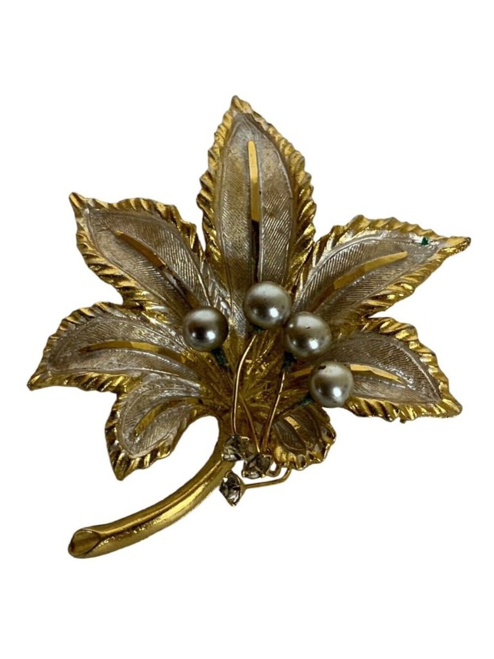 BSK Flower Leaf Brooch Brushed White Faux Gold Pearls Rhinestones Vtg 1950s 60s
